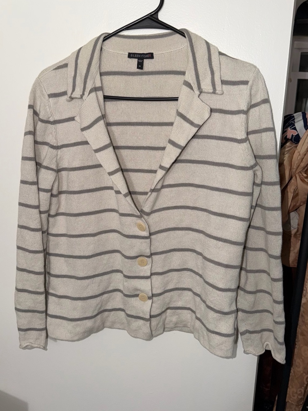 EILEEN FISHER Cream Blazer Jacket with Gray Stripes
